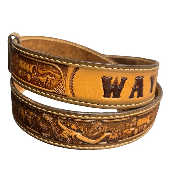 Vintage Leather Custom Stamped Personalized Wayne Longhorn Cattle Western Belt - Picture 2 of 12